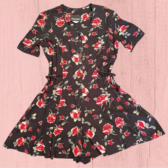 90s vintage black short sleeve romper rose print - Picture 1 of 11
